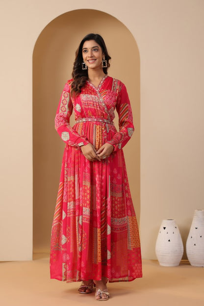 Pink Geometric Print Handworked Flair Gown