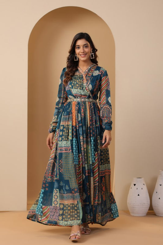 Blue Geometric Print Handworked Flair Gown