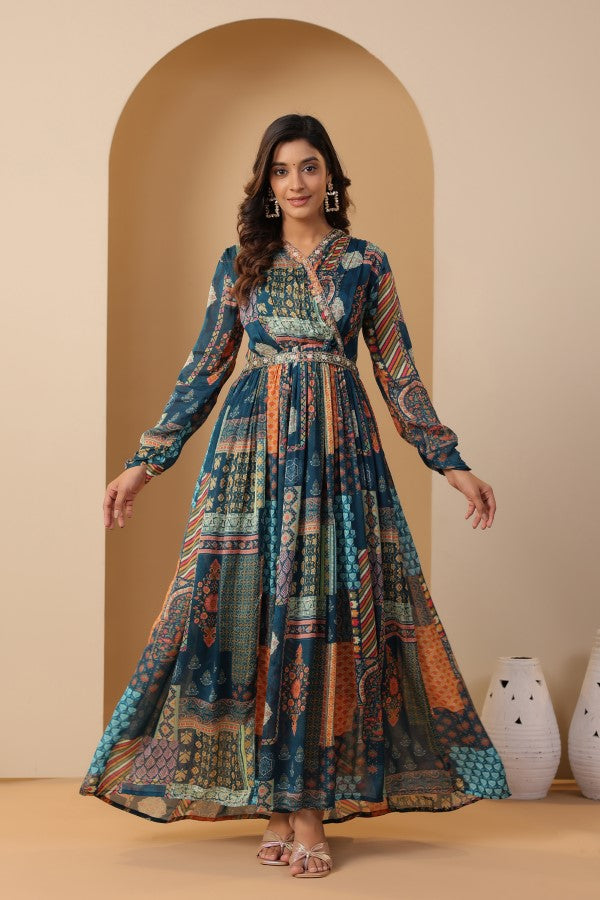 Blue Geometric Print Handworked Flair Gown