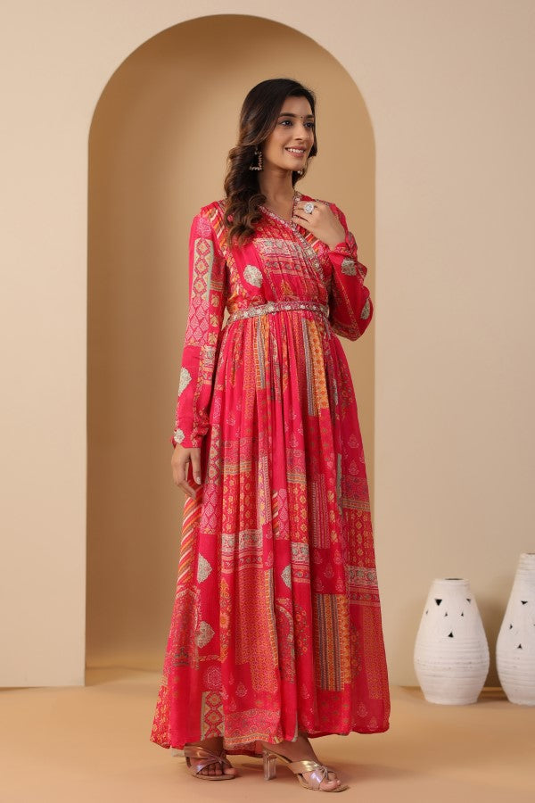Pink Geometric Print Handworked Flair Gown