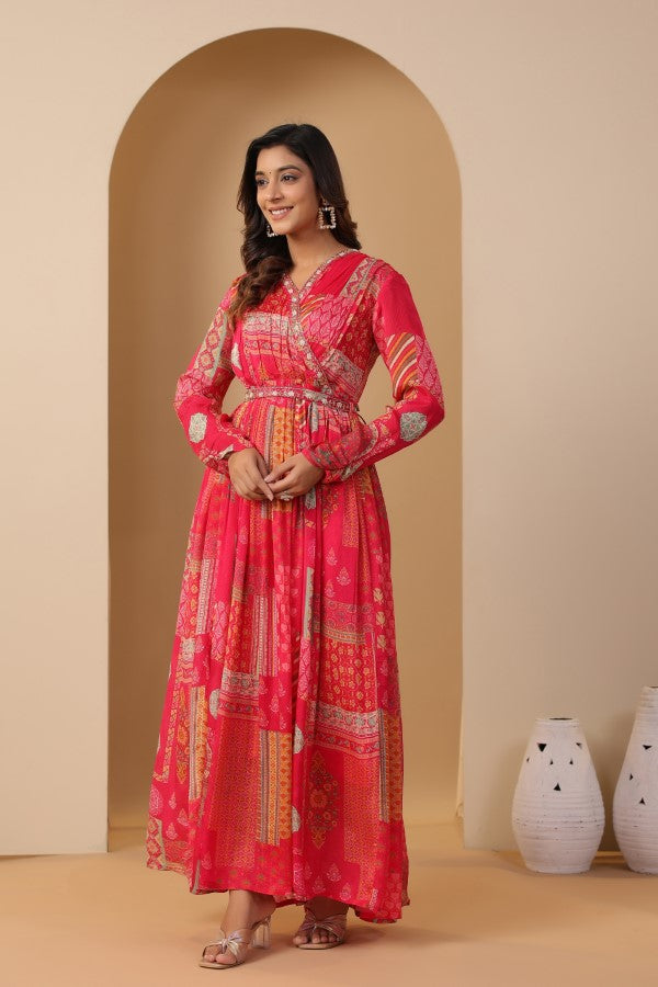 Pink Geometric Print Handworked Flair Gown