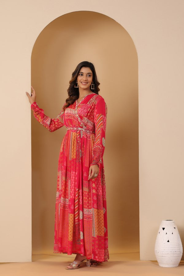 Pink Geometric Print Handworked Flair Gown
