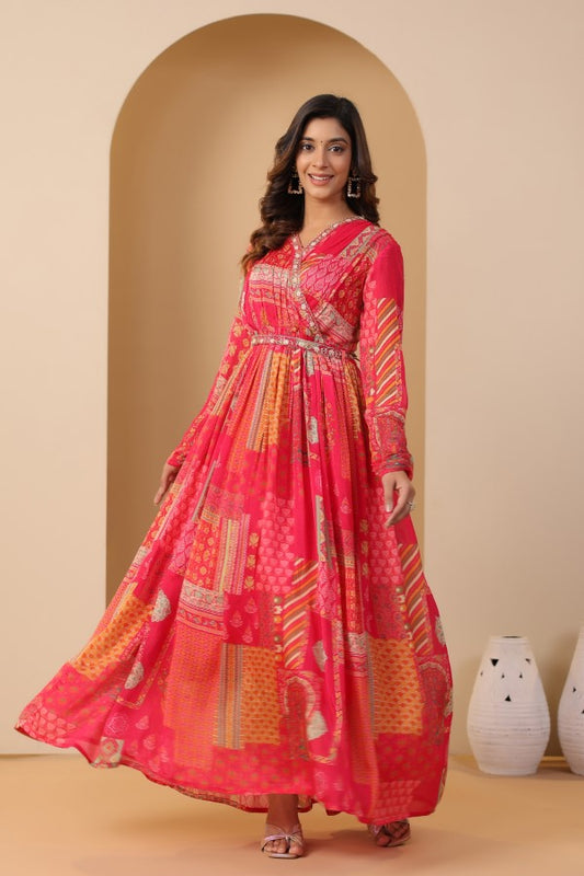 Pink Geometric Print Handworked Flair Gown