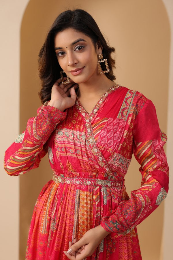 Pink Geometric Print Handworked Flair Gown