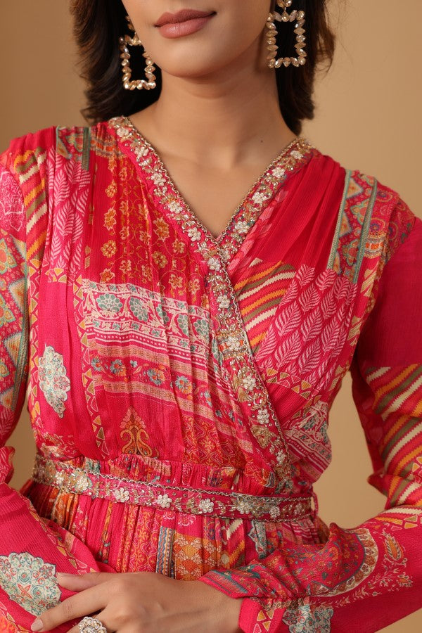 Pink Geometric Print Handworked Flair Gown
