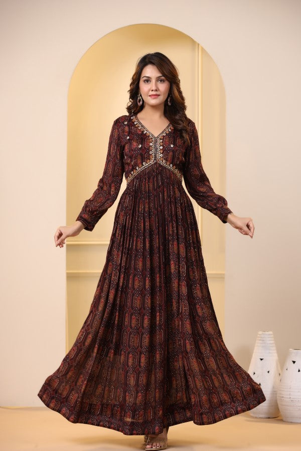 Brown Geometric Handworked Flair Gown