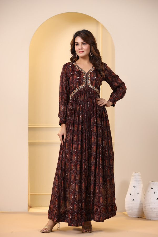 Brown Geometric Handworked Flair Gown