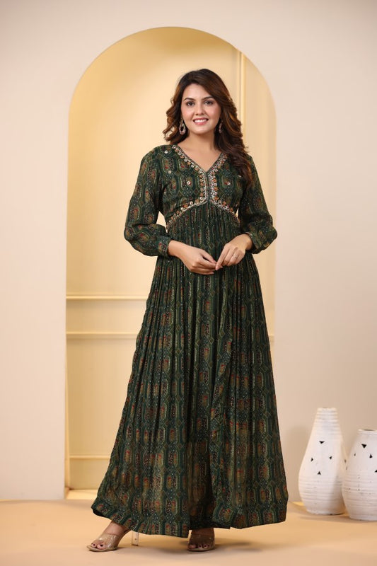 Dark Green Geometric Handworked Flair Gown