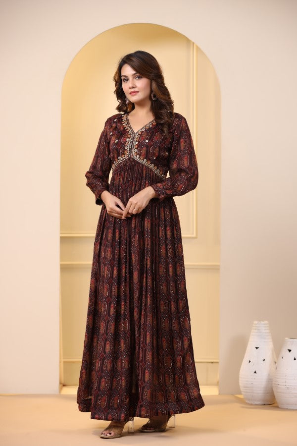 Brown Geometric Handworked Flair Gown