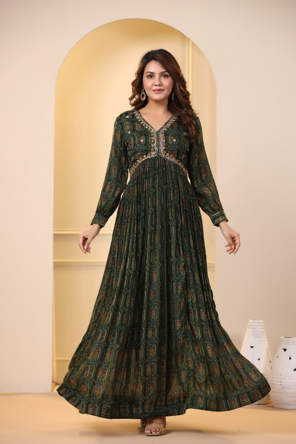 Dark Green Geometric Handworked Flair Gown