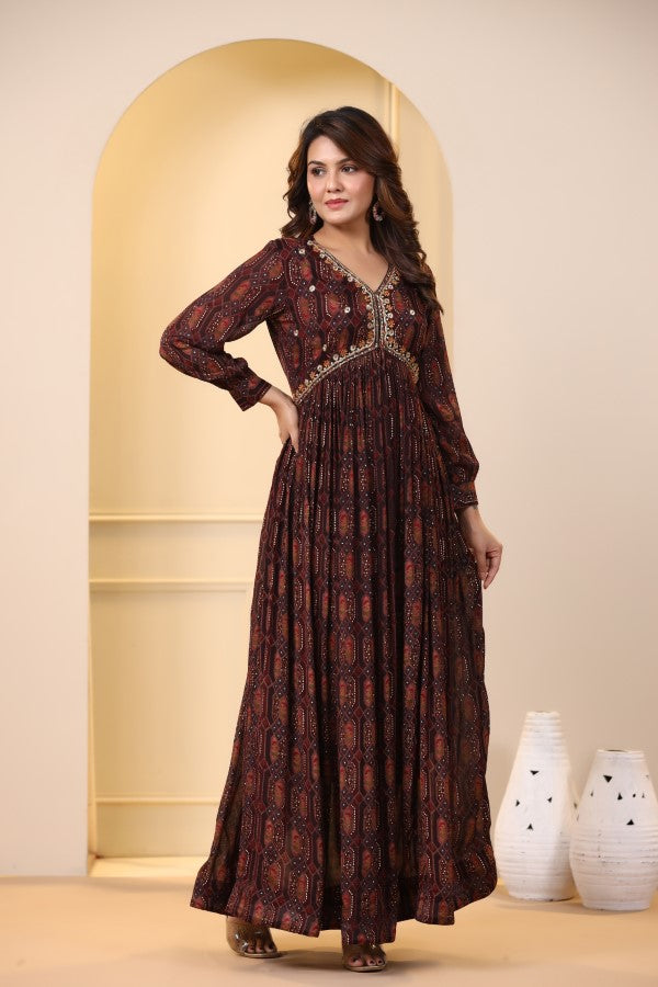Brown Geometric Handworked Flair Gown