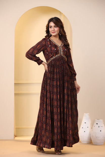 Brown Geometric Handworked Flair Gown
