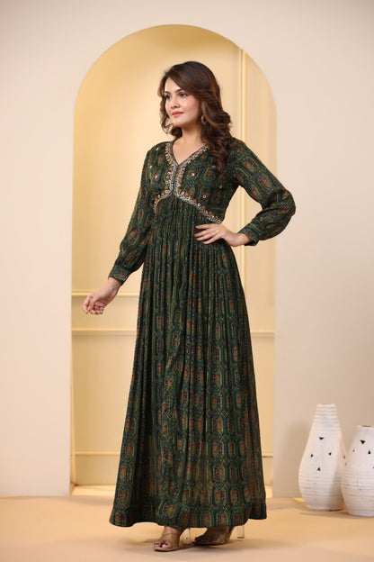 Dark Green Geometric Handworked Flair Gown