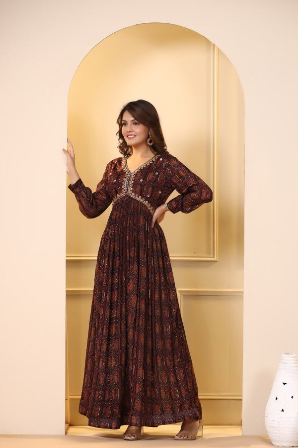 Brown Geometric Handworked Flair Gown