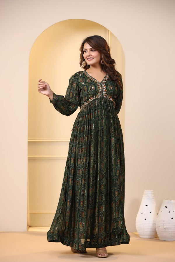 Dark Green Geometric Handworked Flair Gown
