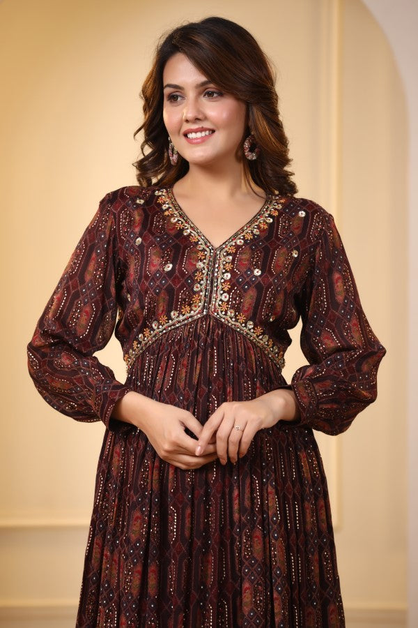 Brown Geometric Handworked Flair Gown