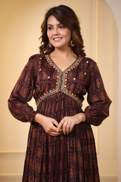 Brown Geometric Handworked Flair Gown