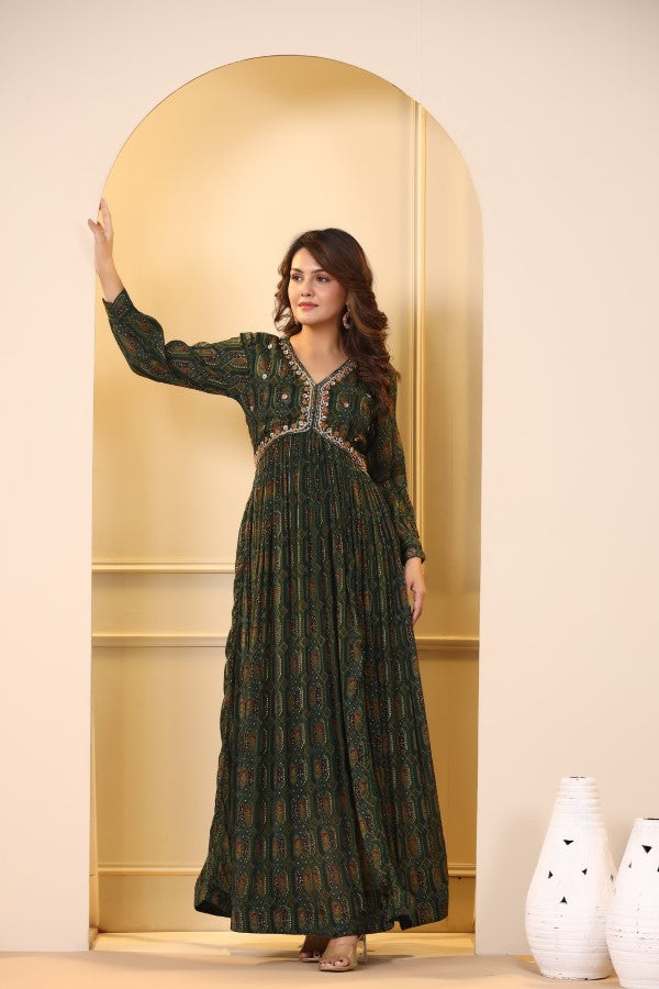 Dark Green Geometric Handworked Flair Gown
