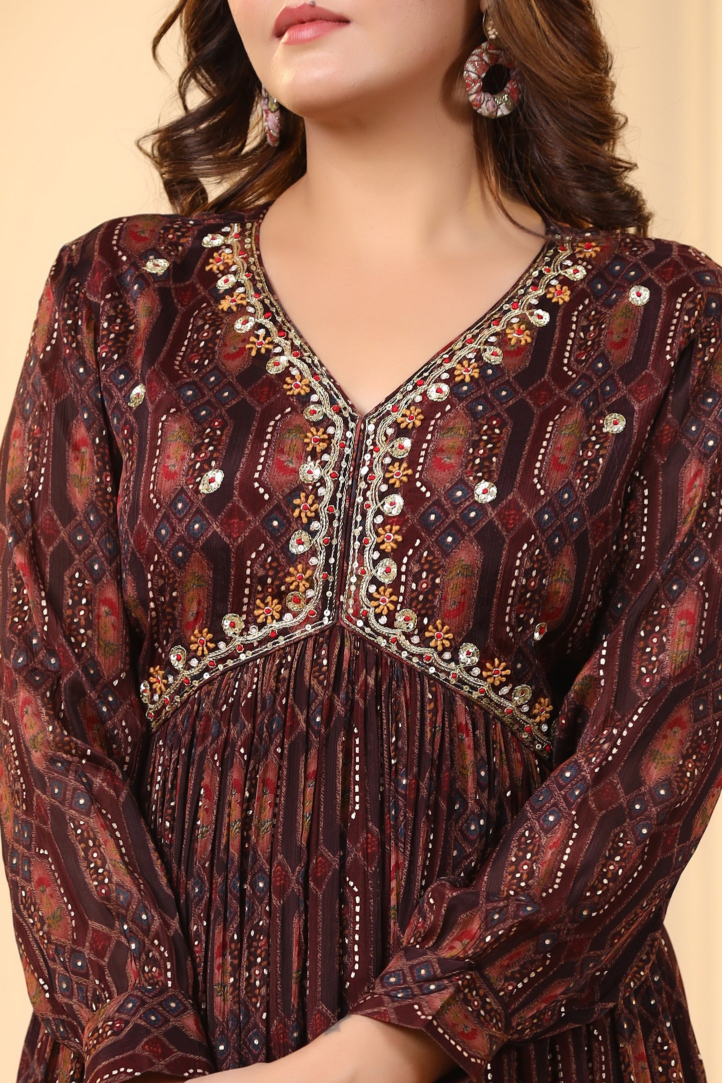 Brown Geometric Handworked Flair Gown
