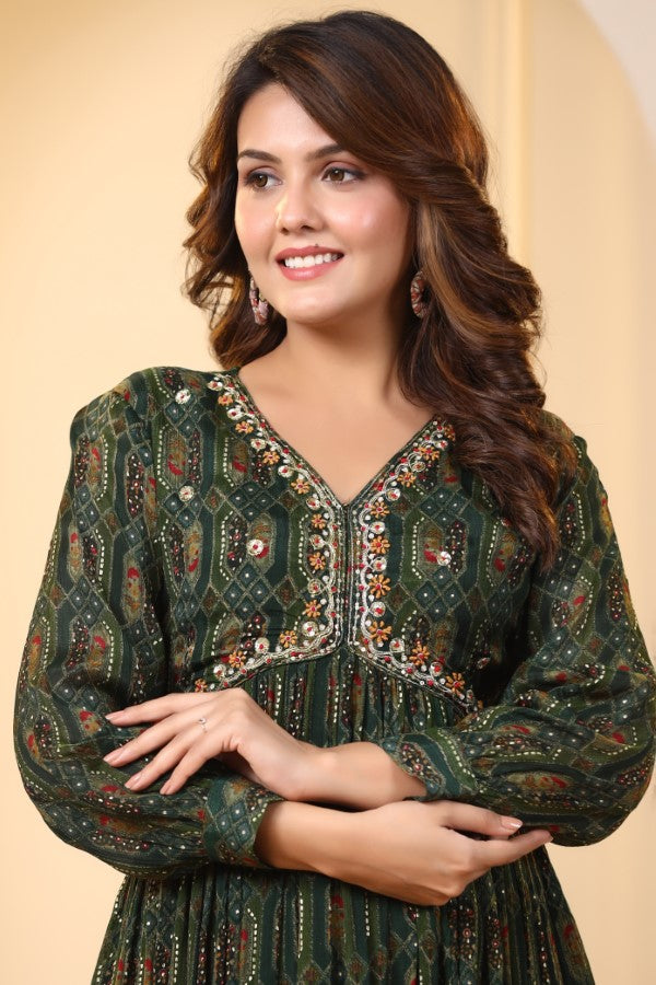 Dark Green Geometric Handworked Flair Gown