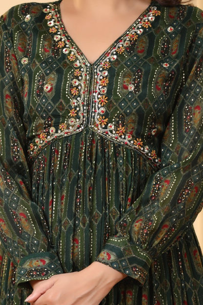 Dark Green Geometric Handworked Flair Gown