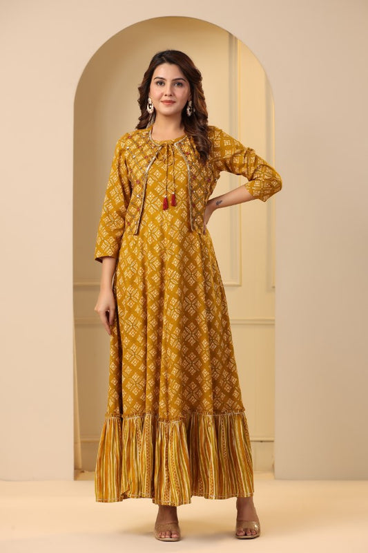 Mustard Geometric Abstract Print Handworked Jacket Flair Gown