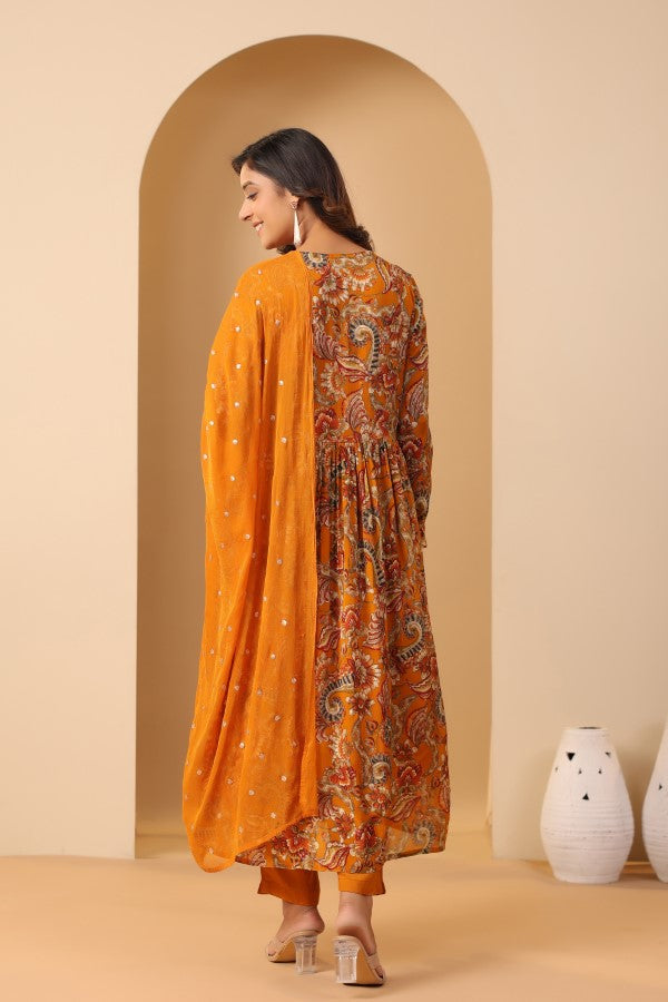 Mustard Floral Handworked Alia-Cut Kurta Suit Set