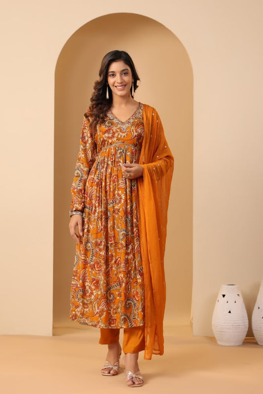 Mustard Floral Handworked Alia-Cut Kurta Suit Set