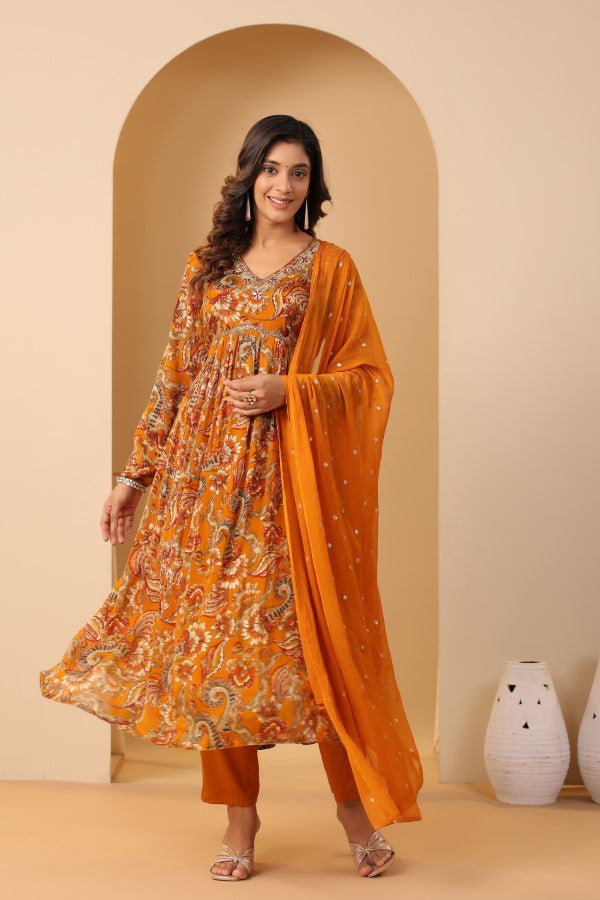 Mustard Floral Handworked Alia-Cut Kurta Suit Set