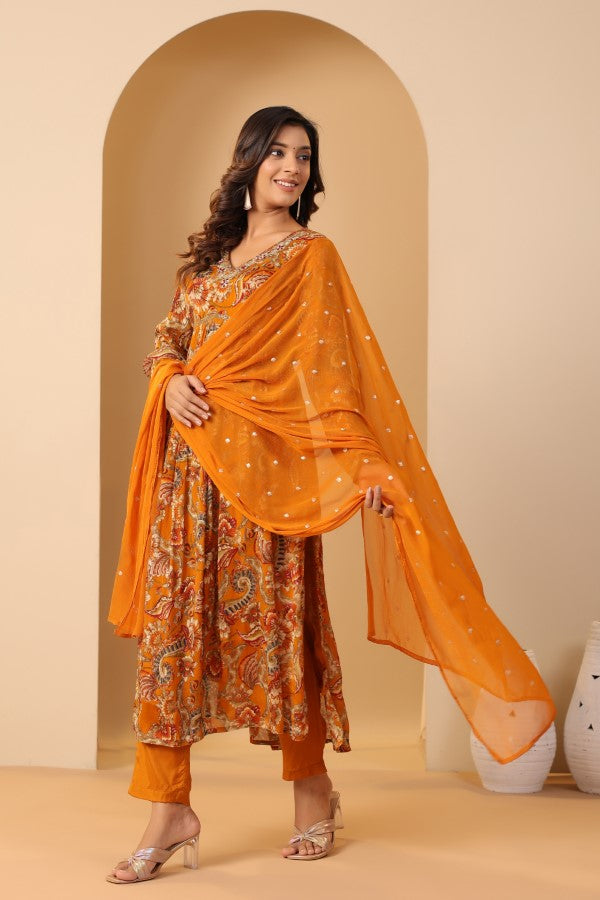 Mustard Floral Handworked Alia-Cut Kurta Suit Set