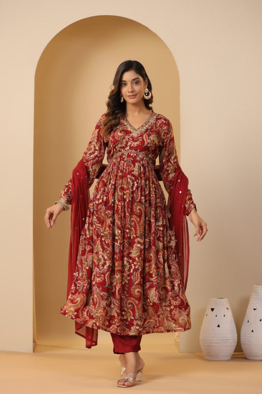 Red Floral Handworked Alia-Cut Kurta Suit Set