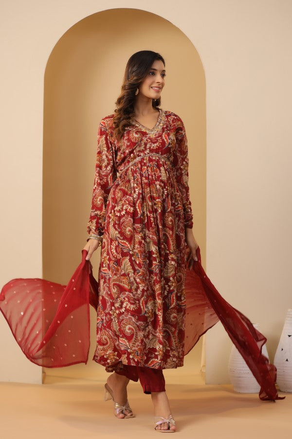 Red Floral Handworked Alia-Cut Kurta Suit Set