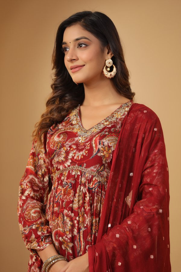 Red Floral Handworked Alia-Cut Kurta Suit Set