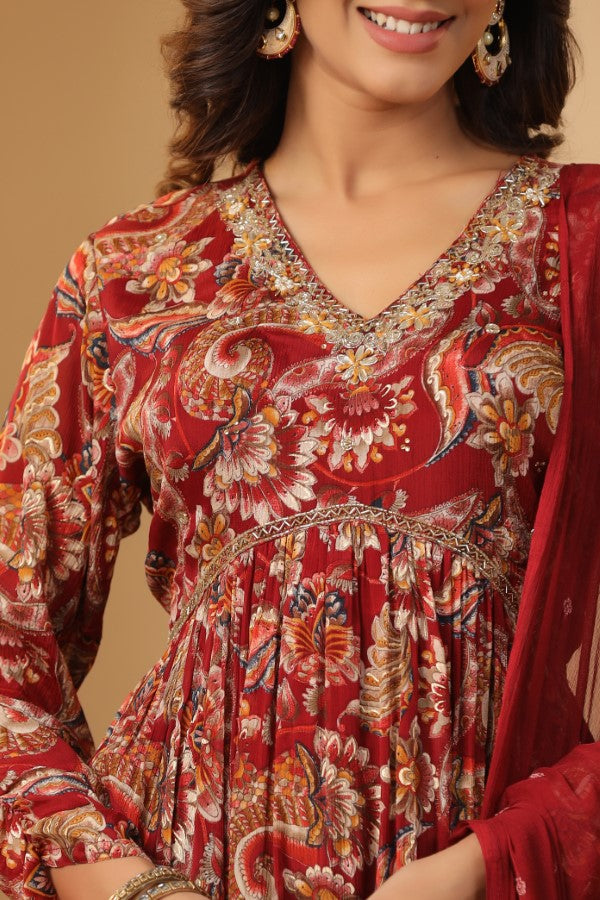 Red Floral Handworked Alia-Cut Kurta Suit Set
