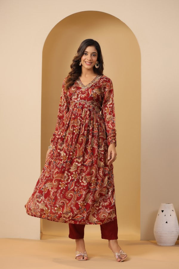 Red Floral Handworked Alia-Cut Kurta Suit Set