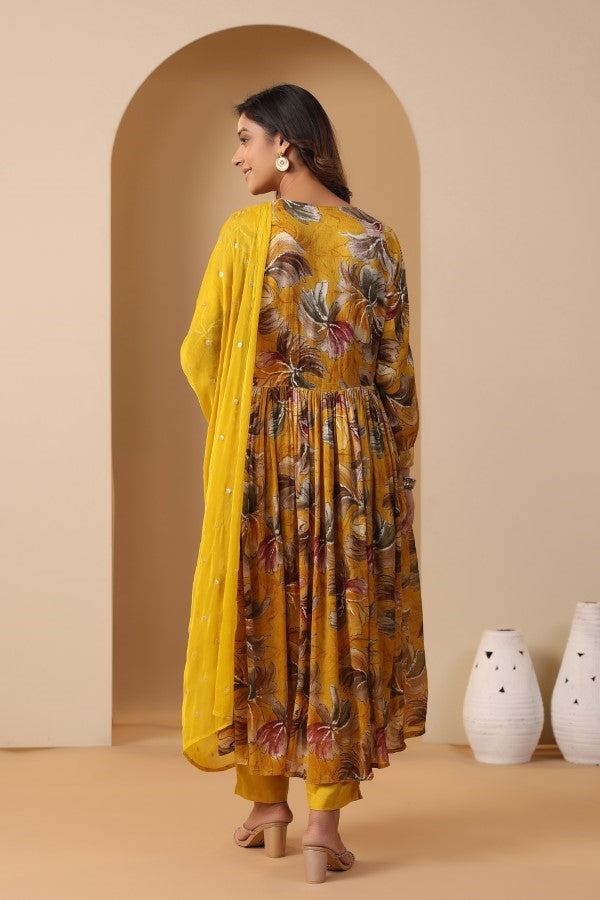 Yellow Floral Handworked Alia-Cut Kurta Suit Set