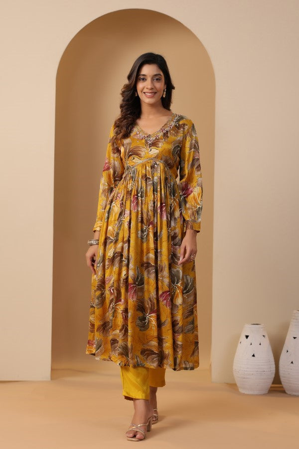 Yellow Floral Handworked Alia-Cut Kurta Suit Set