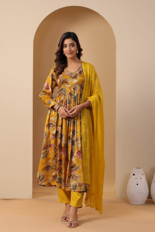 Yellow Floral Handworked Alia-Cut Kurta Suit Set