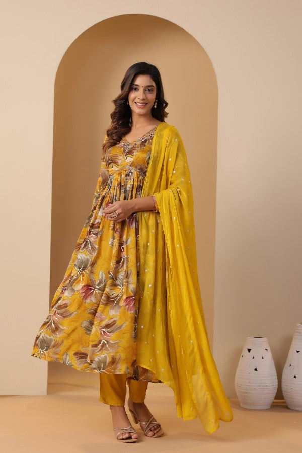 Yellow Floral Handworked Alia-Cut Kurta Suit Set