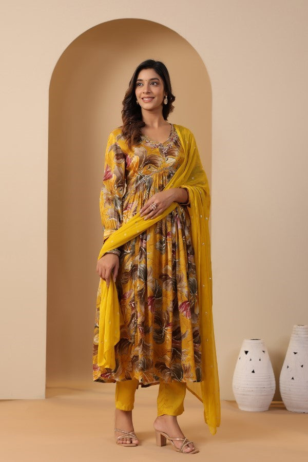 Yellow Floral Handworked Alia-Cut Kurta Suit Set