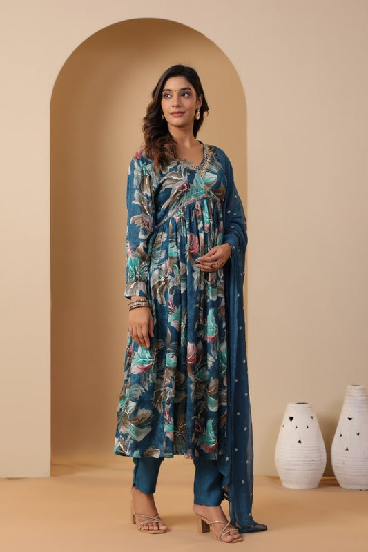 Teal-Blue Floral Handworked Alia-Cut Kurta Suit Set