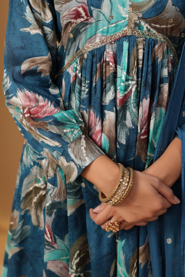 Teal-Blue Floral Handworked Alia-Cut Kurta Suit Set