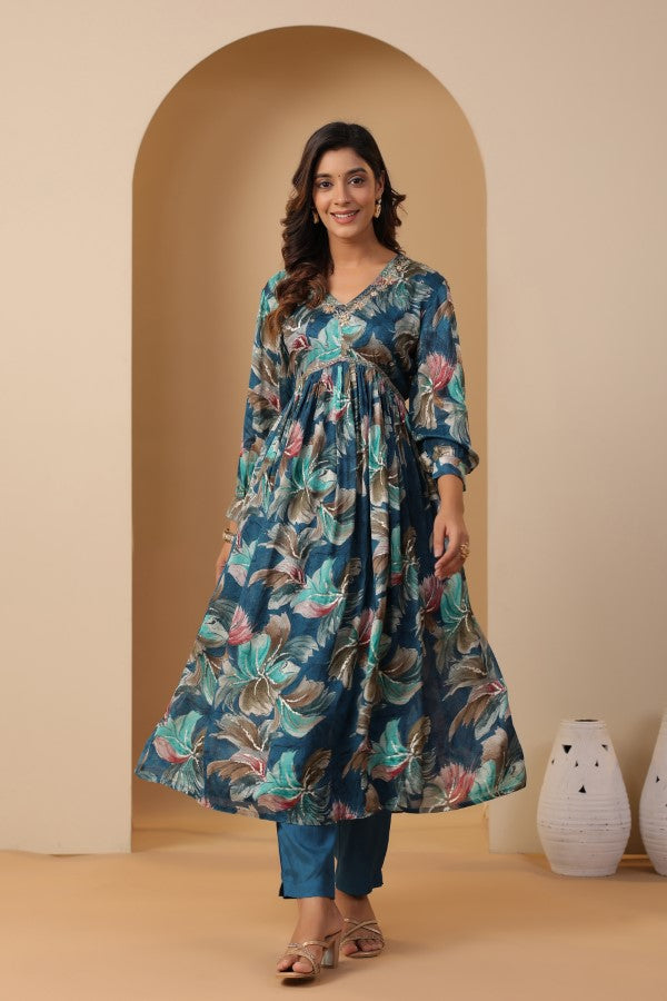 Teal-Blue Floral Handworked Alia-Cut Kurta Suit Set