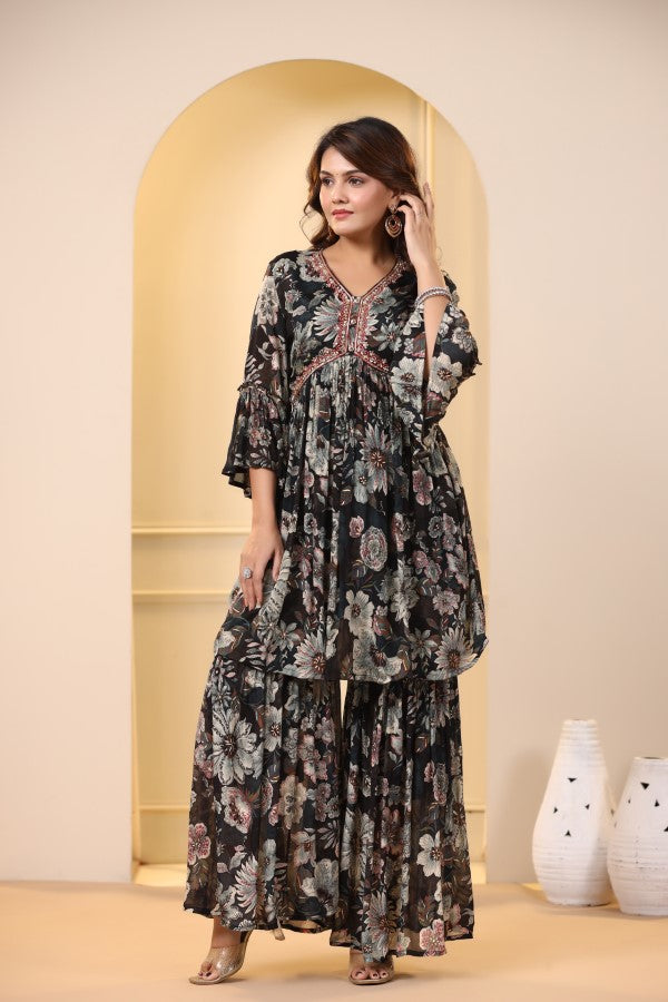 Black Floral Handworked Sharara Set