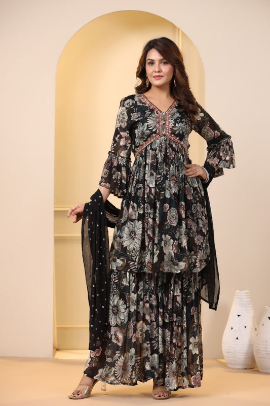Black Floral Handworked Sharara Set