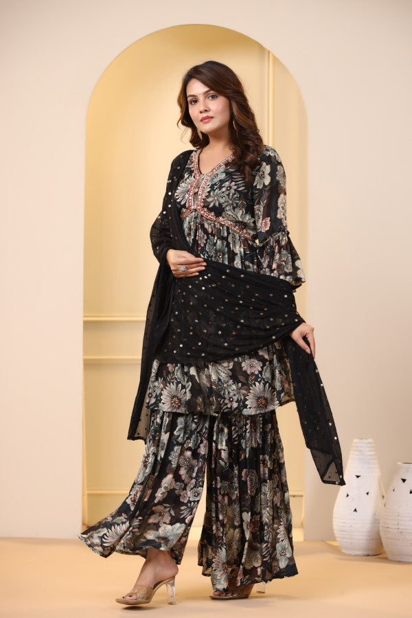 Black Floral Handworked Sharara Set