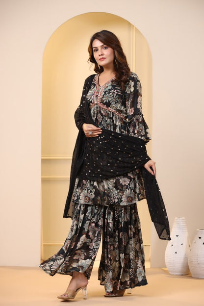 Black Floral Handworked Sharara Set
