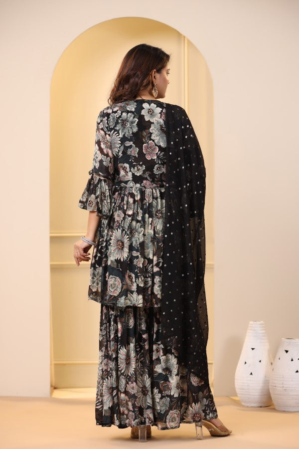 Black Floral Handworked Sharara Set