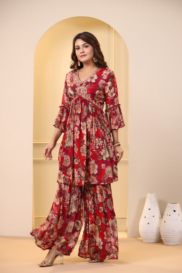 Red Floral Handworked Sharara Set