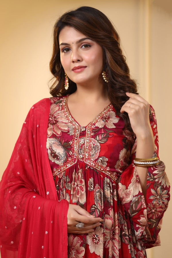 Red Floral Handworked Sharara Set
